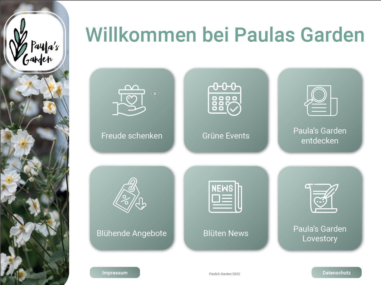 Startansicht der Paula's Garden Webapp